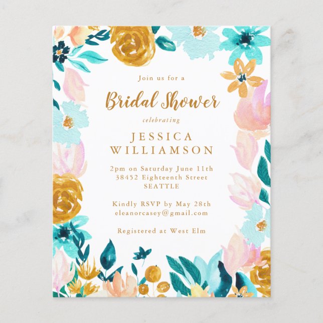Budget Boho Aquamarin Watercolor Floral Brautparty (Vorderseite)