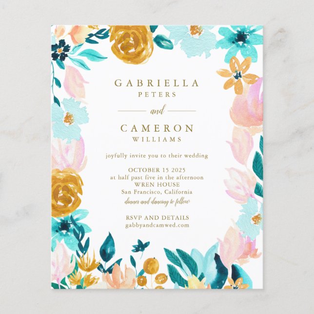 Budget Boho Aquamarin Watercolor Floral Wedite (Vorderseite)