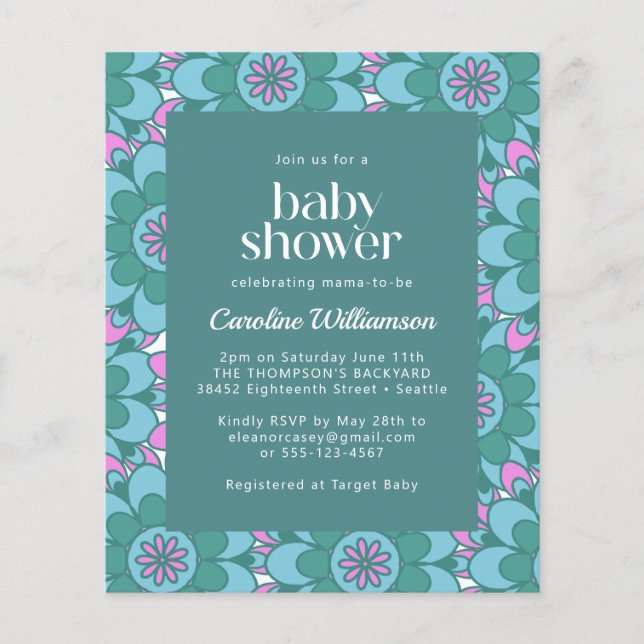 Budget Boho Blume Groovy Green Baby Shower Einladu (Vorderseite)