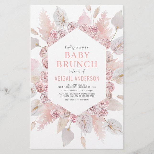 Budget Boho Blush Pink Baby Brunch Einladung Flyer (Vorne)