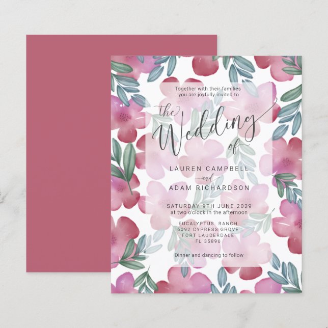 Budget Boho Blush Pink Blues Hochzeit Einladung (Vorne/Hinten)