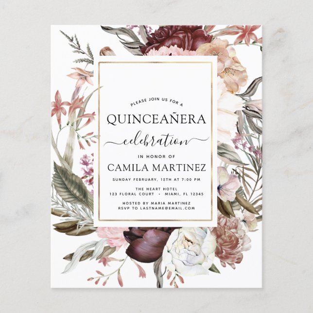 Budget Boho Burgundy Quinceañera Einladung Flyer (Vorne)