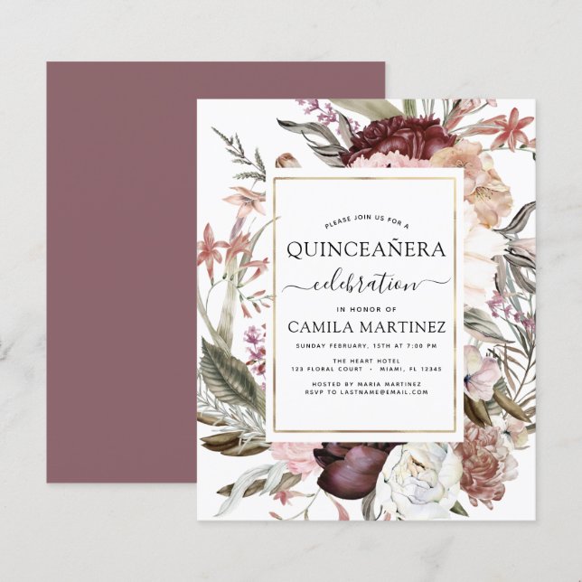 Budget Boho Burgundy Quinceañera Floral (Vorne/Hinten)