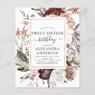 Budget Boho Burgundy Sweet 16 Geburtstag Einladung Flyer