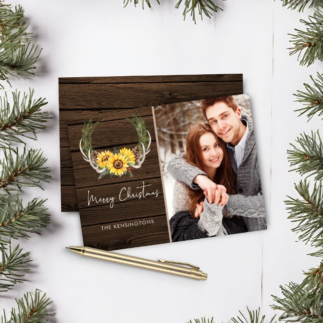 Budget Boho Christmas Sunflower Holiday Foto (Budget Boho Christmas Sunflower Holiday Photo Card)