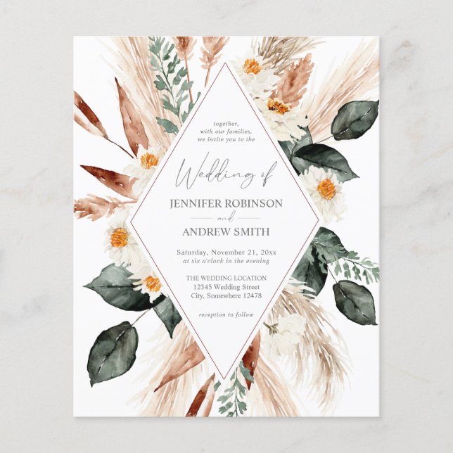 Budget Boho Copper Pampas Grass Wedding Flyer (Vorne)