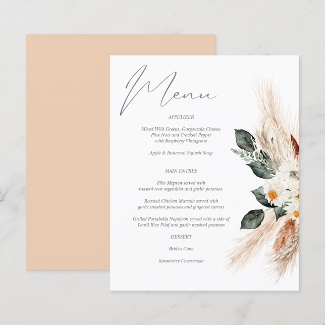 Budget Boho Cuivre Pampas & Beige Floral Menu (Devant / Derrière)