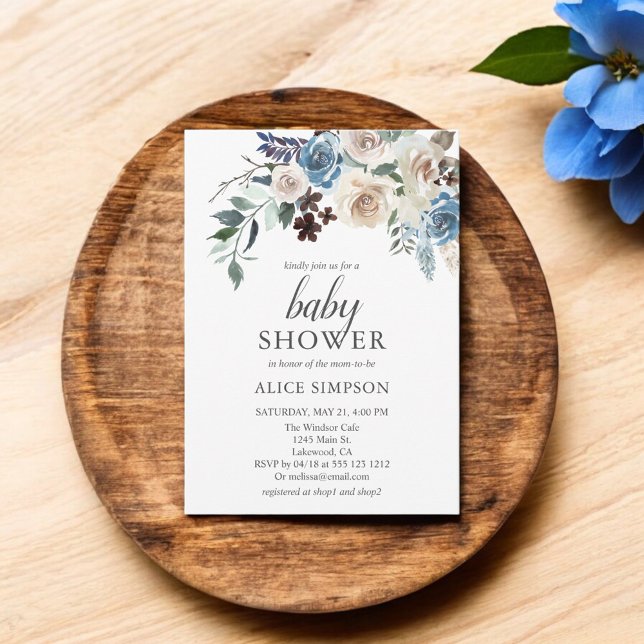 Budget Boho Dusty Blue Beige Blume Babydusche Einladungspostkarte (Von Creator hochgeladen)