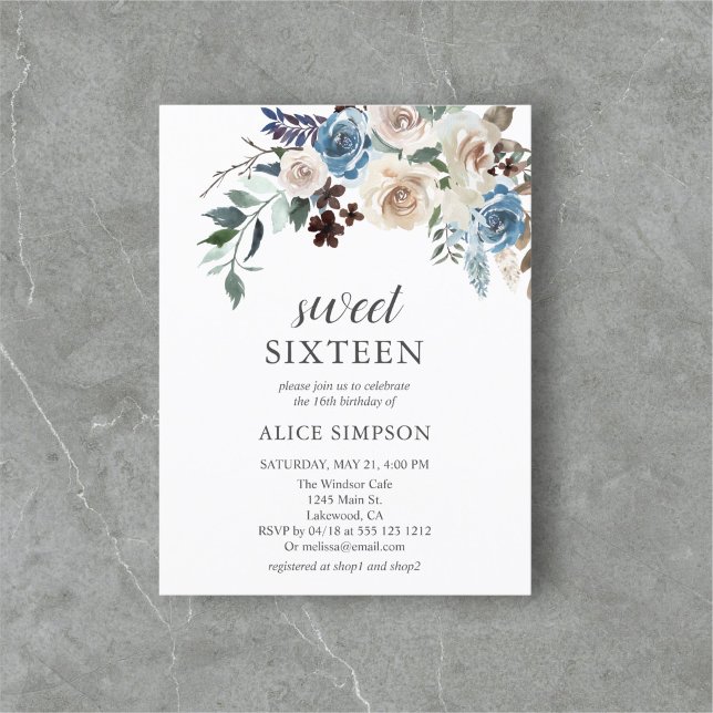 Budget Boho Dusty Blue Beige Blume Sweet 16 Einladungspostkarte (Von Creator hochgeladen)