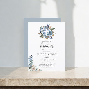 Budget Boho Dusty Blue Beige Blume Taufe Einladungspostkarte