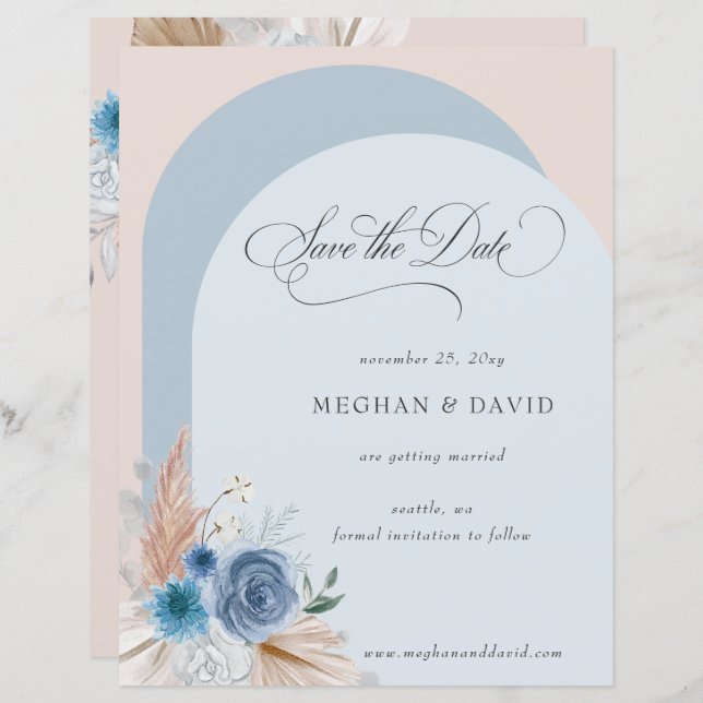 Budget Boho Dusty Blue Pampas Save the Date (Vorne/Hinten)