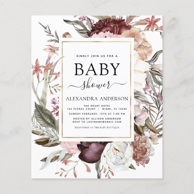 Budget Boho Dusty Pink Burgundy Babydusche Flyer (Vorne)