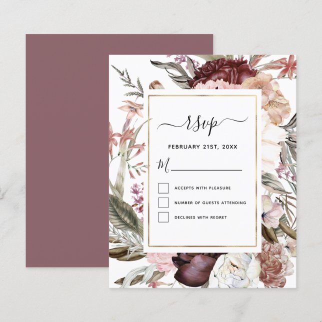 Budget Boho Dusty Pink Burgundy Wedding RSVP (Vorne/Hinten)