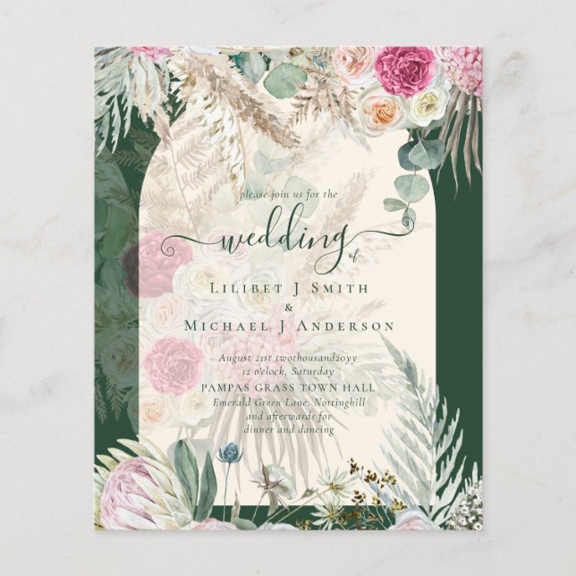 BUDGET BOHO Emerald Green BOHO Blumenrosa Hochzeit Flyer (Vorne)