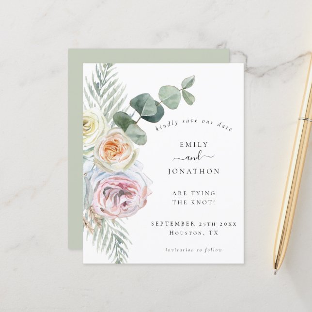 Budget Boho Eucalyptus Florals Wedding Rett Date (Vorderseite/Rückseite Beispiel)