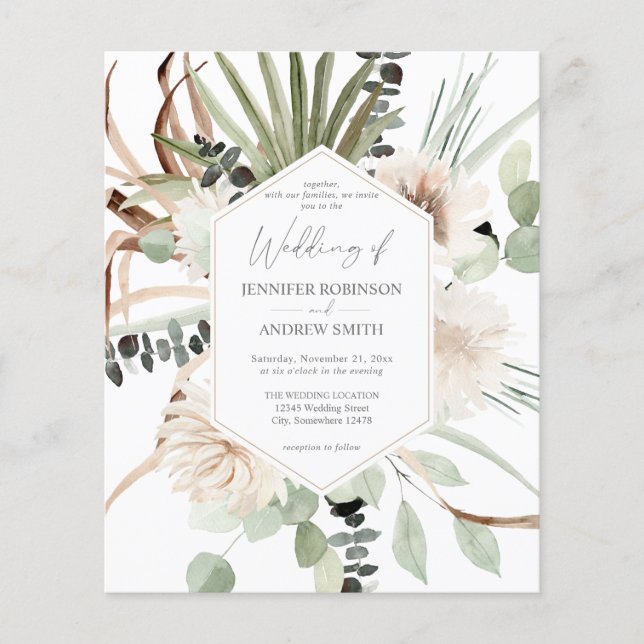Budget Boho Eucalyptus Palm Leaf & Floral Wedding Flyer (Vorne)