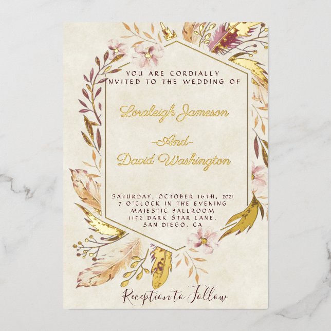Budget Boho Feathers Hochzeit Folieneinladung (Vorderseite)