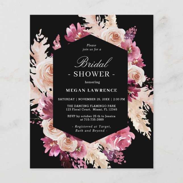 Budget Boho Floral Brautparty Schwarze Einladung (Vorderseite)