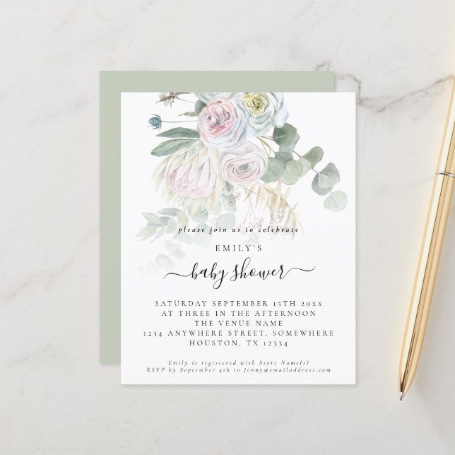 Budget Boho Floral Eucalyptus Baby Shower Einladun (Vorderseite/Rückseite Beispiel)