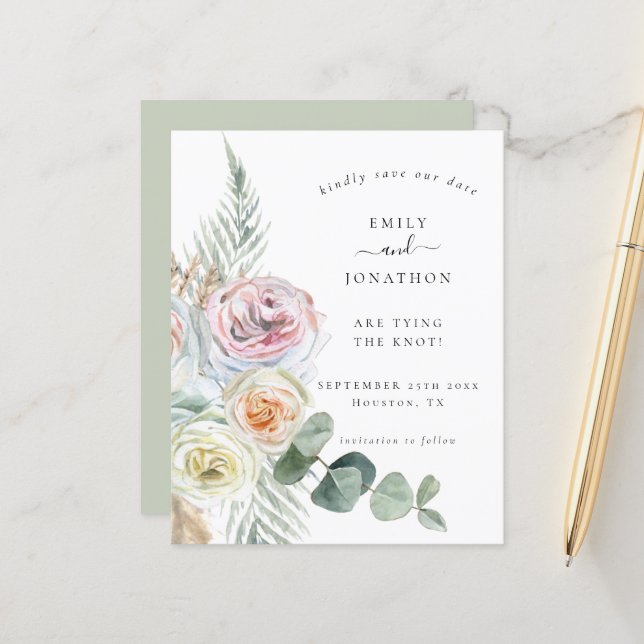 Budget Boho Floral Eucalyptus Wedding Rett Date (Vorderseite/Rückseite Beispiel)
