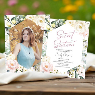 Budget Boho Floral Foto Sweet 16 Einladung