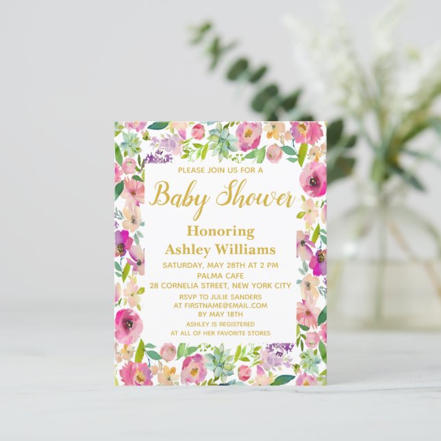 Budget Boho Floral Frame Baby Dusche Einladungen (Stehend Vorderseite)