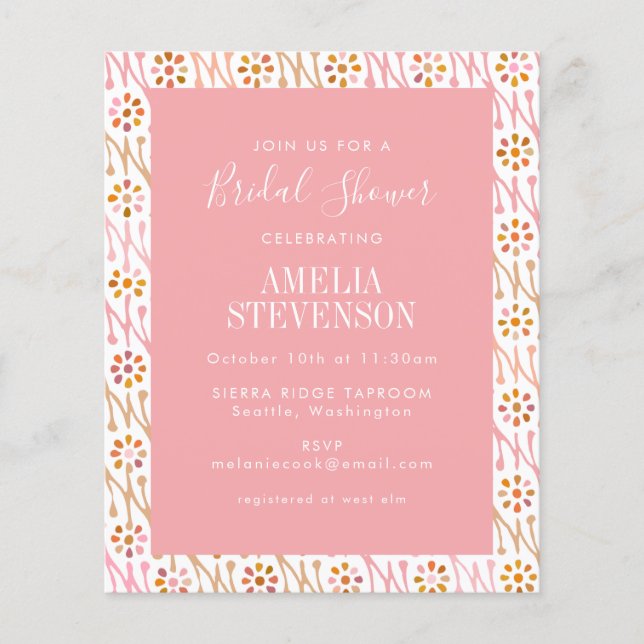 Budget Boho Floral Rose Rosa Brautparty Einladung (Vorderseite)