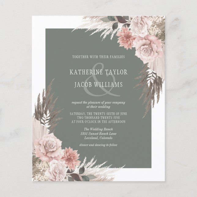Budget Boho Floral Sage Green Hochzeit Einladung (Vorderseite)