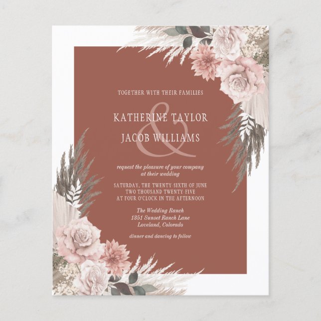 Budget Boho Floral Terracotta Hochzeit Einladung (Vorderseite)