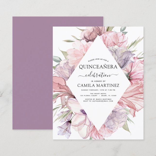 Budget Boho Lila Quinceañera Dusty Pink Floral (Vorne/Hinten)