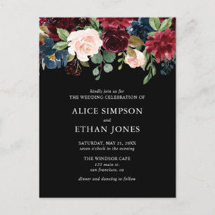 Budget Boho Navy Blue Burgundy Floral Wedding Einladungspostkarte
