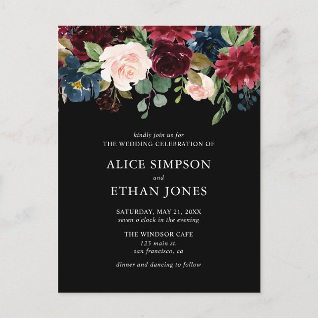 Budget Boho Navy Blue Burgundy Floral Wedding Einladungspostkarte (Vorderseite)