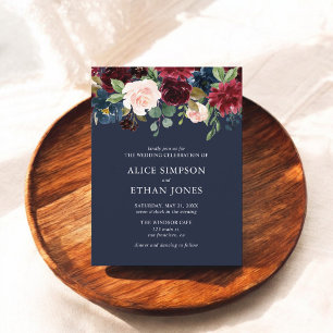 Budget Boho Navy Blue Burgundy Floral Wedding Einladungspostkarte
