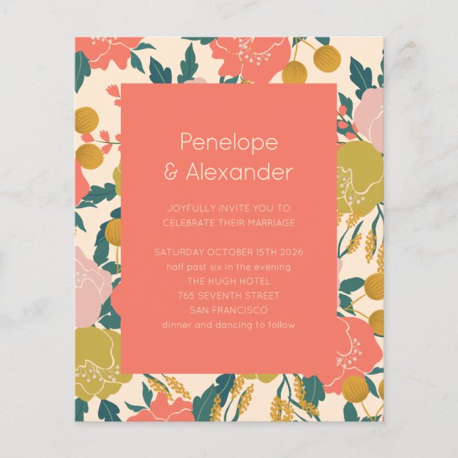 Budget Boho Orange Botanical Wedding Einladung (Vorderseite)