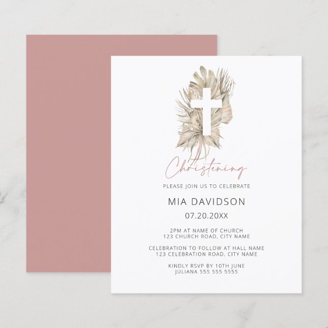 Budget Boho Palm Pink Floral Christening Einladung (Vorne/Hinten)