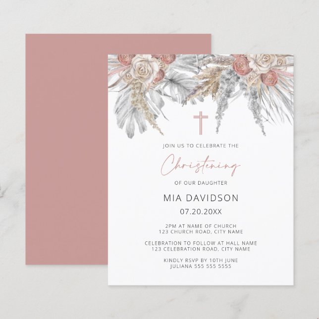 Budget Boho Palm Pink Pampas Christening Einladung (Vorne/Hinten)