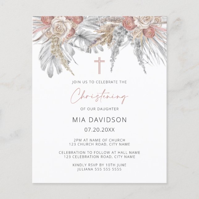 Budget Boho Palm Pink Pampas Christening Einladung Flyer (Vorne)