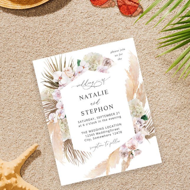 Budget Boho Pampas Grass Beach Floral Wedding Flyer (Von Creator hochgeladen)