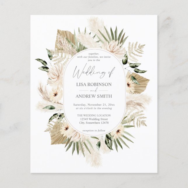 Budget Boho Pampas Grass & Beige Blumenhochzeit Flyer (Vorne)