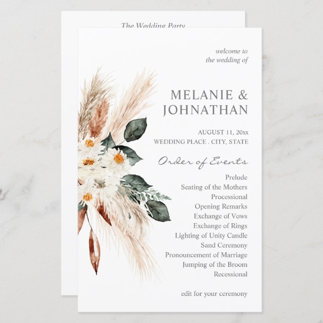 Budget Boho Pampas Grass Beige Mariage Programme M (Devant / Derrière)