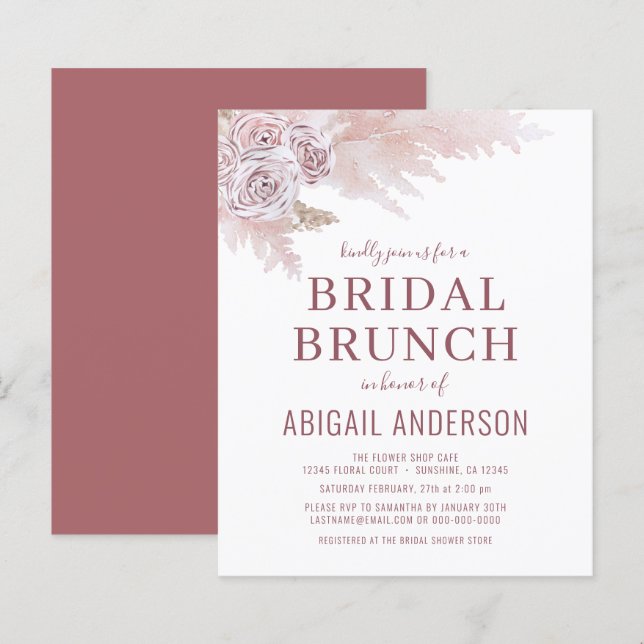 Budget Boho Pampas Grass Bridal Brunch Einladung (Vorne/Hinten)