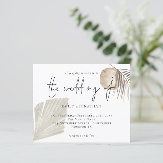 Budget Boho Pampas Grass Cream Wedding Einladung (Stehend Vorderseite)