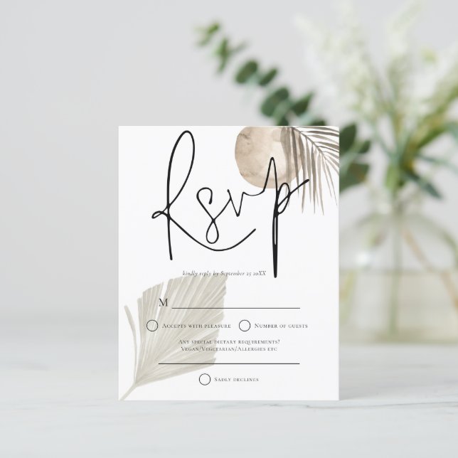 Budget Boho Pampas Grass fan Wedding RSVP (Stehend Vorderseite)