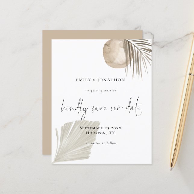 Budget Boho Pampas Grass Script Save the Date (Vorderseite/Rückseite Beispiel)