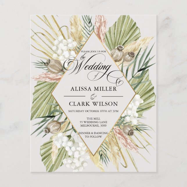 BUDGET Boho Pampas Grass Wedding Einladung (Vorderseite)
