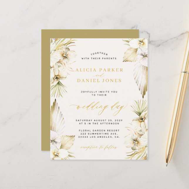 Budget Boho Pampas Tropische Hochzeit Einladung (Vorderseite/Rückseite Beispiel)