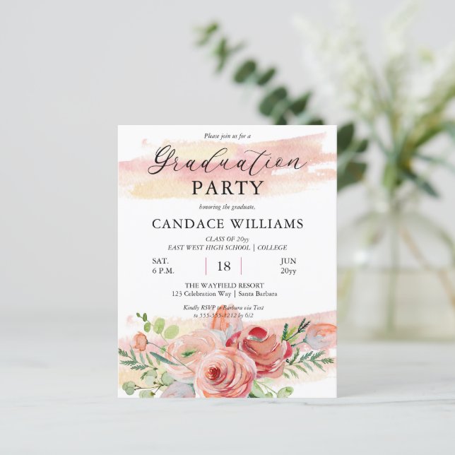 BUDGET Boho Peach Floral Grad Party Einladung (Stehend Vorderseite)