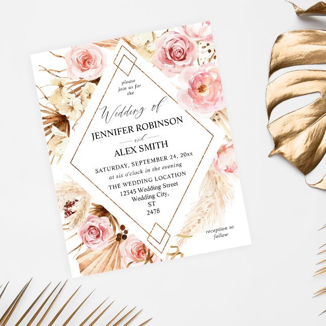 Budget Boho Pink & Beige Blumengoldene Hochzeit Flyer (Von Creator hochgeladen)