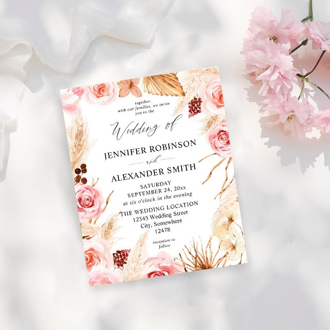 Budget Boho Pink & Beige Pampas Hochzeit Flyer (Von Creator hochgeladen)