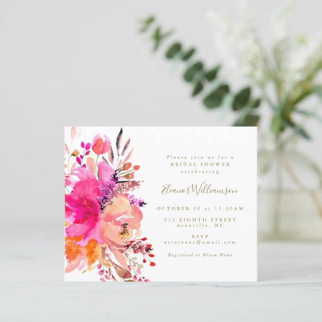 Budget Boho Pink Blumendusche Einladung (Stehend Vorderseite)